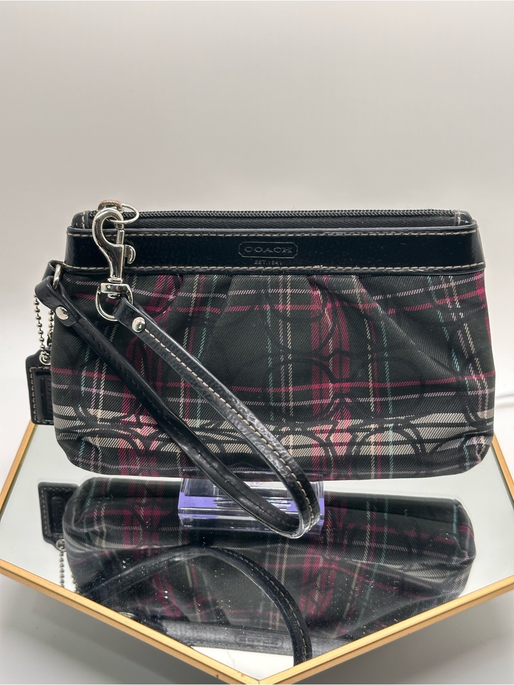 Coach Poppy Tartan Black Plaid Wristlet with Pink Accents